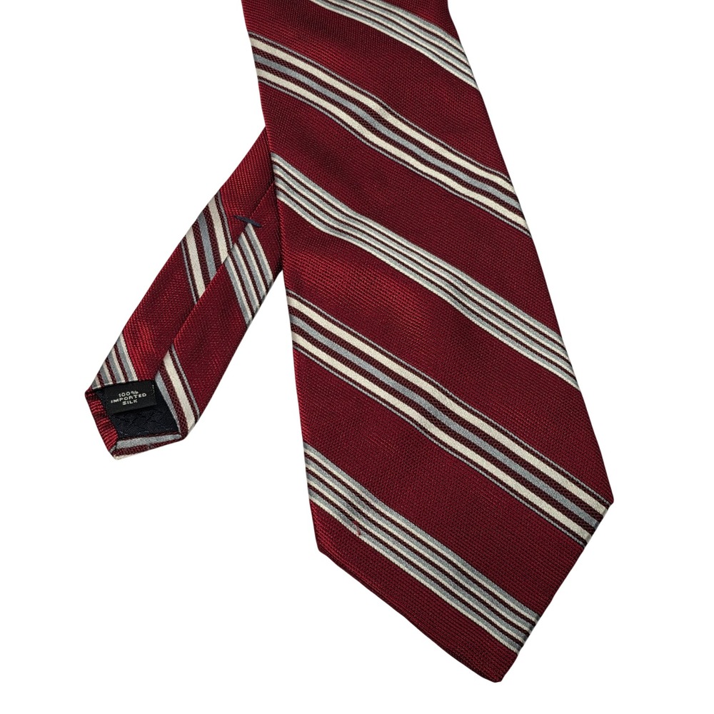 Jones New York Mens Silk Necktie Burgundy Red Silver White Diagonal Stripe